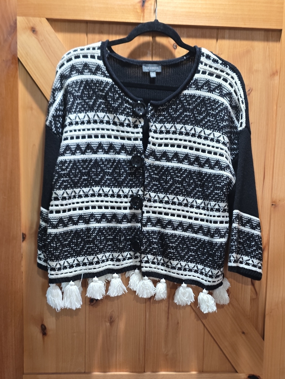 The Limited Black & White Tassel Hem Button Cardigan
